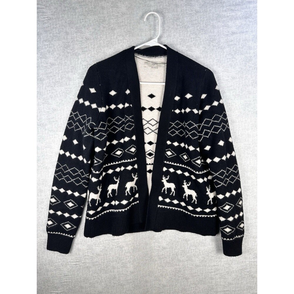 LOFT Holiday Open Cardigan Fair Isle Nordic Sweater Deer Black/White Woman Med